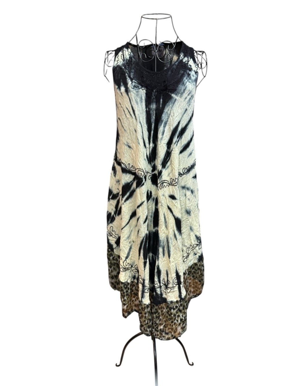 Sleeveless Black & Cream Tie-Dye Maxi Dress with Leopard Trim